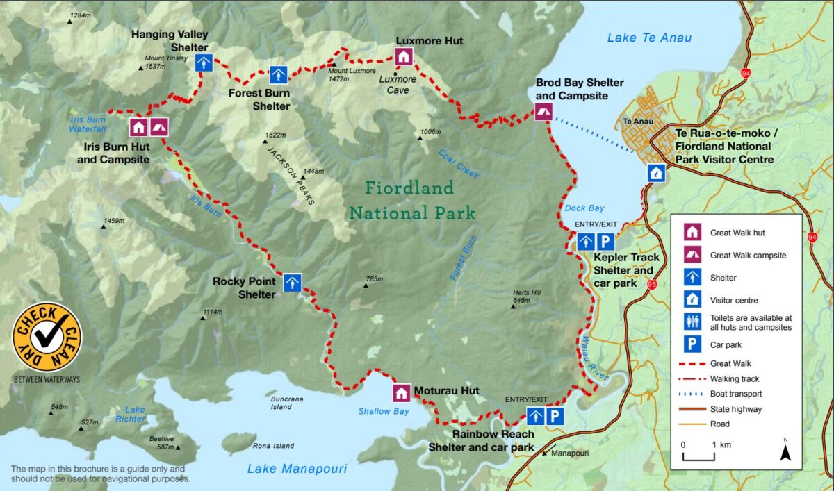 A screenshot of the Department of Conservation's map of the Kepler Track in New Zealand.